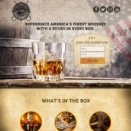 Glass design with the title 'Whiskey Monthly Subscription Box Landing Page'