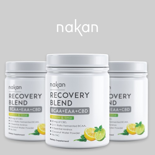 Pharmaceutical label with the title 'Label design for recovery blend-BCAA+EAA+CBD'