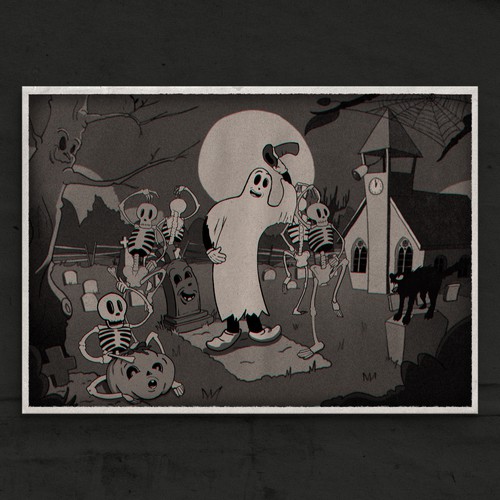 Halloween artwork with the title 'Halloween poster in 1930s cartoon style'