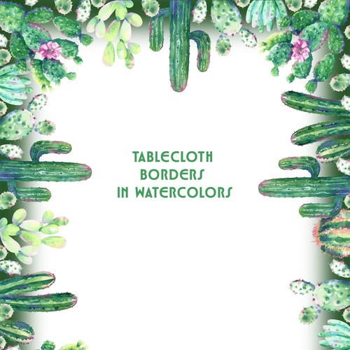Cactus artwork with the title 'Tablecloth with watercolor cacti'