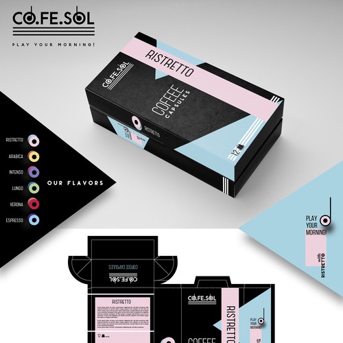 Pastel packaging with the title 'Coffee capsules box'