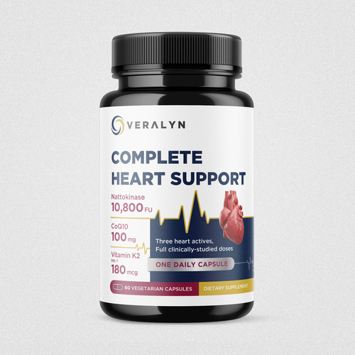 Dietary supplement label with the title 'Veralyn - Premium heart-health supplement label - benefit-led design for a black bottle on Amazon'