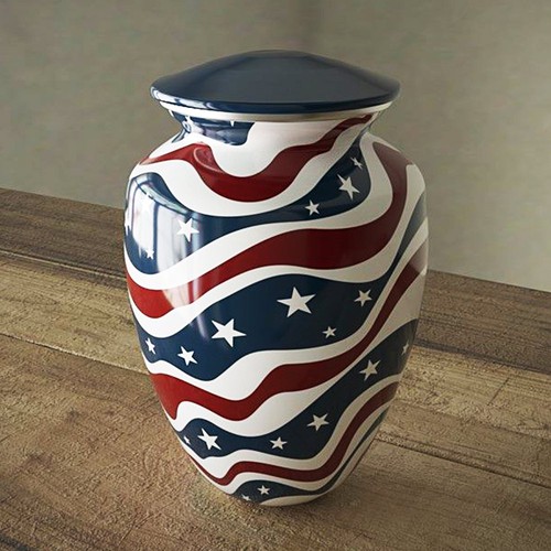 Product design illustration with the title 'American Flag Funeral Urn'