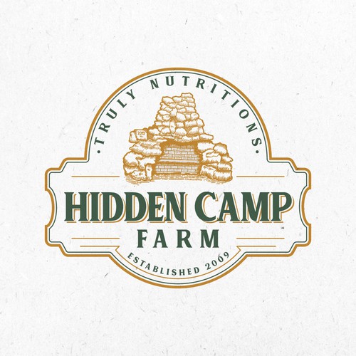 Camp design with the title 'Stone outdoor fireplace logo for a natural Amish farm'