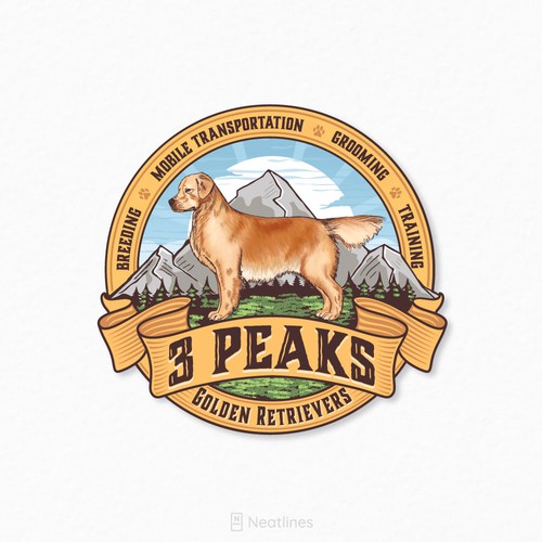 Mountain design with the title '3 Peaks Golden Retrievers- design proposal'