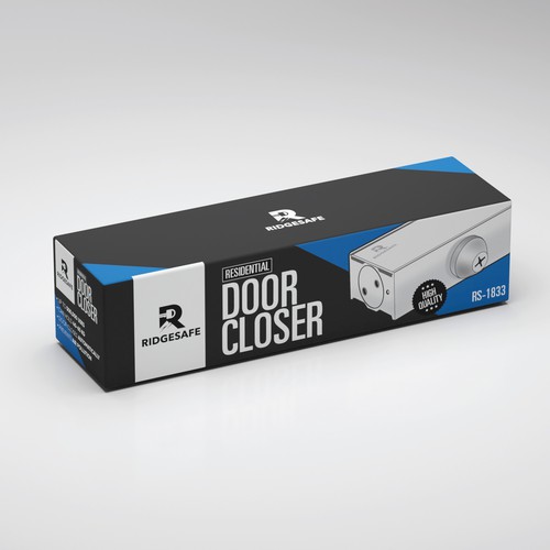 Line art packaging with the title 'RIDGECAGE Residential Door Closer'