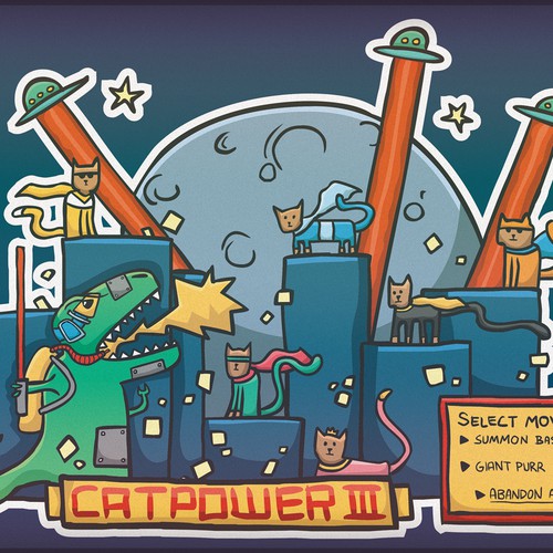 Cat illustration with the title 'Catpower III, laptopsticker'