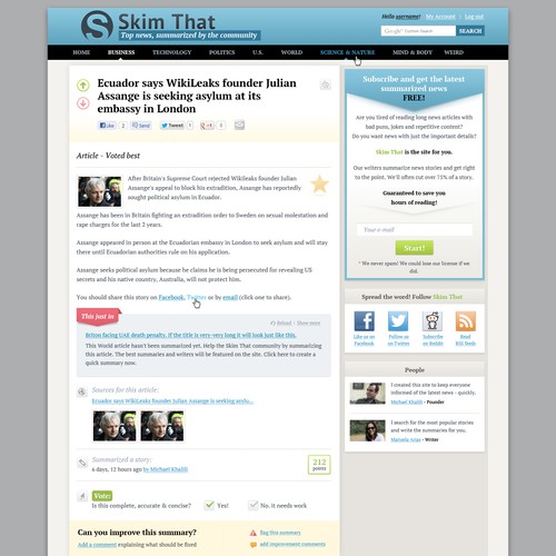 Subscription website with the title 'Help Skim That with a new website design'