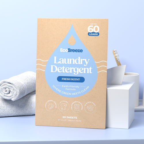 Laundry design with the title 'EcoBreeze – Laundry Detergent Sheets Packaging'