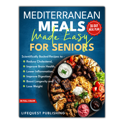 Food book cover with the title 'Concept book cover design for an ebook about Mediterranean meals'