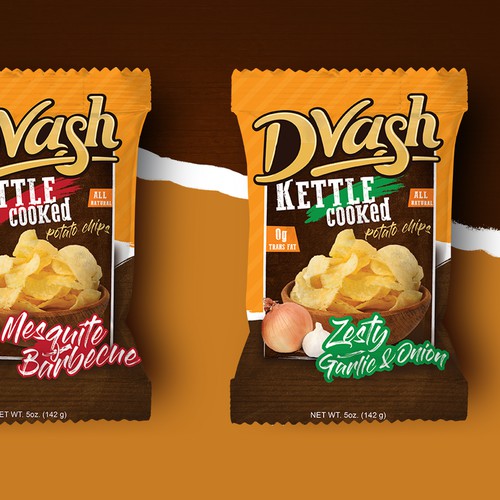Chips packaging with the title 'Dvash kettle cooked potato chips'