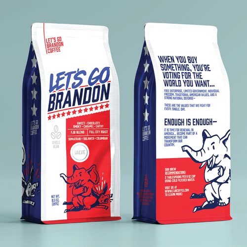 Logo packaging with the title 'Let's Go Brandon coffee bags'