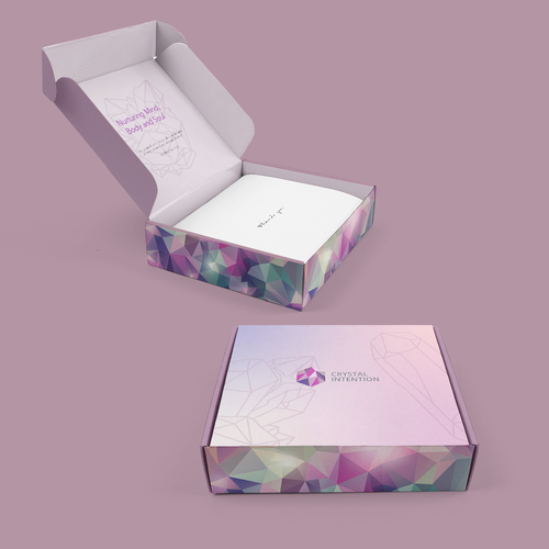 Purple packaging with the title 'Packaging Crystal Intention'