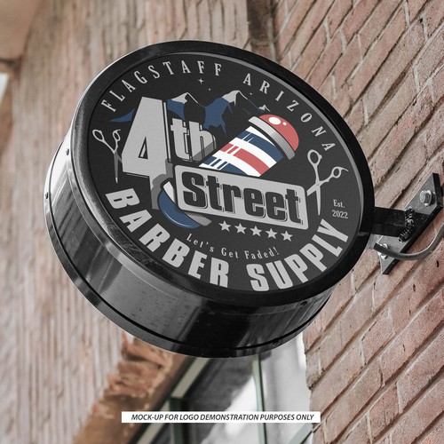 Barber pole logo with the title '4th Street Barber Supply'