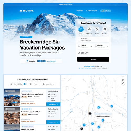 Travel agency design with the title 'Ski Park Booking Site'