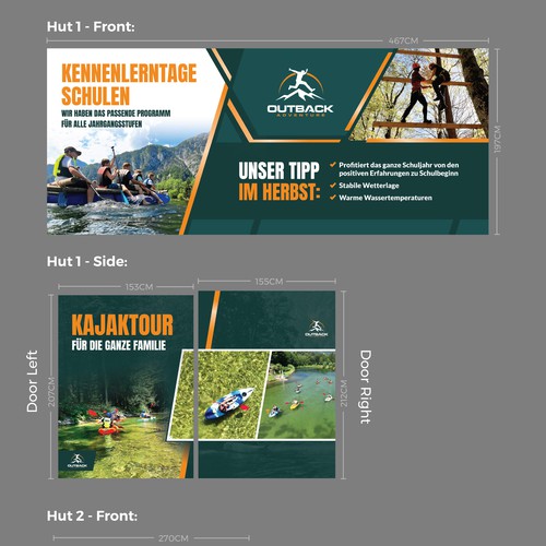 Backdrop design with the title 'Tarpaulins Design for Two Wooden Huts'