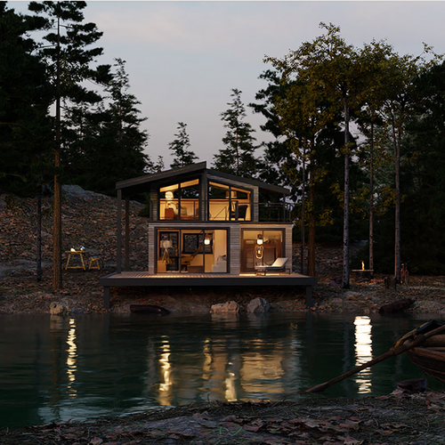 Woods design with the title '3D Render of a Lake house'