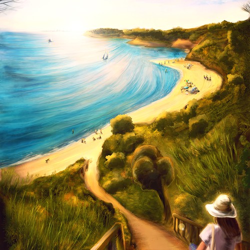 Yellow illustration with the title 'Iconic Australian Beach'