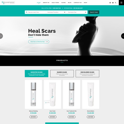 Beauty product website with the title 'Rejuveness Heal Scars'