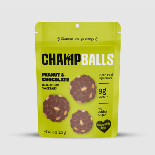 Industrial packaging with the title 'Minimalist packaging for protein balls'
