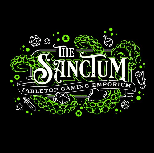 Magical logo with the title 'Cthulu/RPG Themed Signage Logo Design for a Tabletop Gaming Store.'