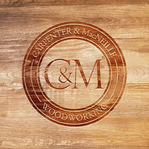 Wood label with the title 'C&M Woodworking - Stamp Logo'