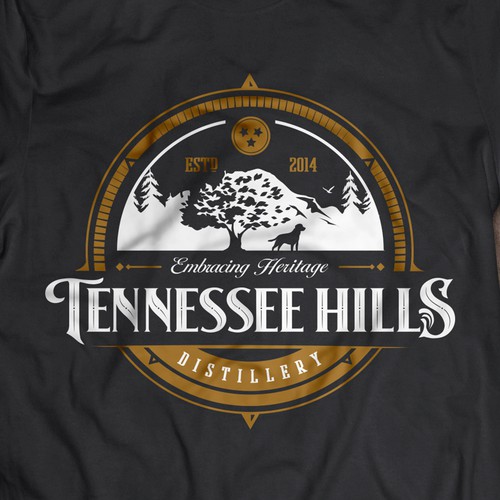 Black and white t-shirt with the title 'Outdoors themed shirt for Tennessee Hills Distillery'
