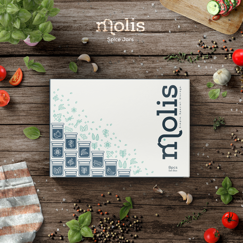 Glass packaging with the title 'Molis Spice Jars'