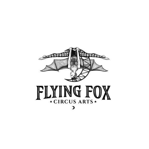 Bat logo with the title 'Logo design for Flaying Fox, Circus Arts'