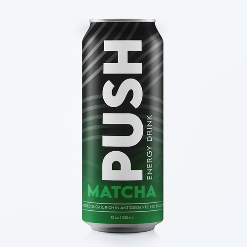 Food packaging label with the title 'PUSH MATCHA ENERGY DRINK'