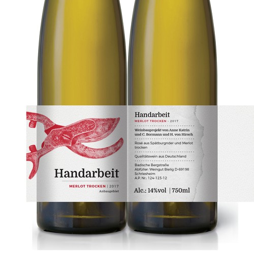 Hand-drawn label with the title 'Handarbeit - Wine Label'