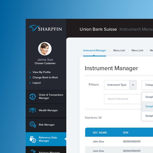 Blue and black design with the title 'Sharpfin'