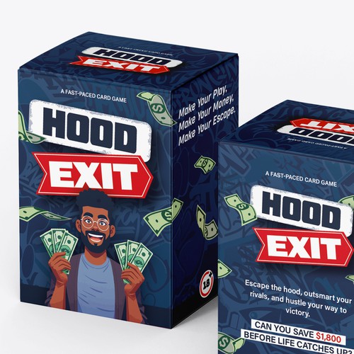 Card game design with the title 'Hood Exit card game box design '