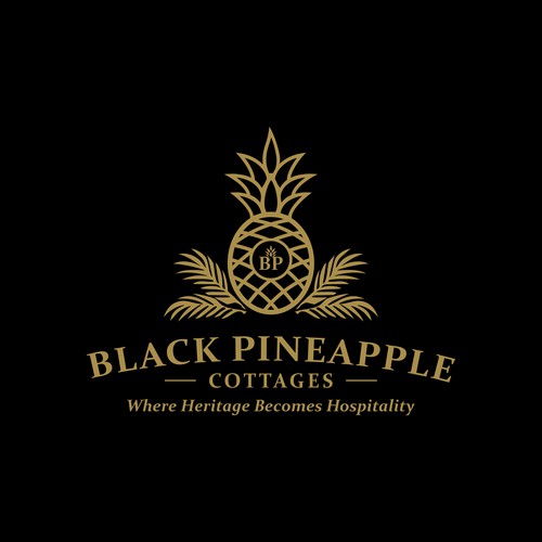 Black and gold logo with the title 'Black Pineapple Cottages'