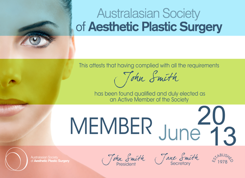 Certificate design with the title 'Help The Australasian Society of Aesthetic Plastic Surgery with a new design'