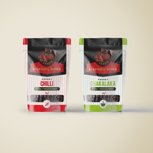 Pouch label with the title 'Packaging design for pouch Biltong bites '