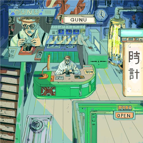 Cyberpunk artwork with the title 'Watch Store in the Cyberpunk Era'