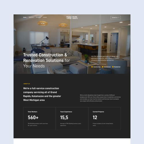 Interior design website with the title 'Construction and Renovation Web Design'