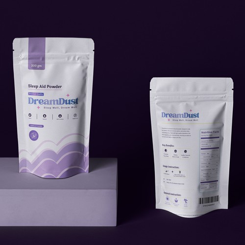 Abstract packaging with the title 'DreamDust - Sleep Aid Powder'