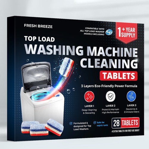 Cleaning packaging with the title 'Washing Machine Cleaning'