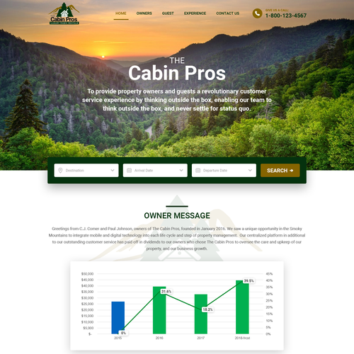 Real estate website with the title 'Full Redesign for vacation rental disruptor The Cabin Pros'
