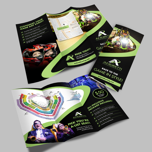 Tri-fold design with the title 'Andretti Indoor Karting & Games'