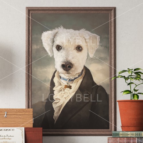 Portrait artwork with the title 'Dog in dandy style suit /1800's/'