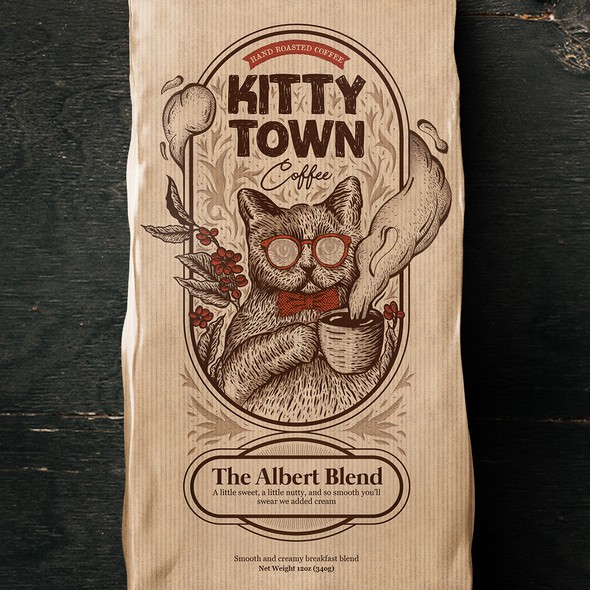 Cat packaging with the title 'Kitten Town Coffee'