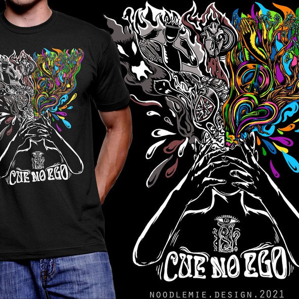 Drop design with the title 'Cue no ego band t-shirt contest'