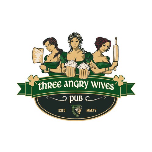 Irish pub logo with the title 'Three Angry Wives'