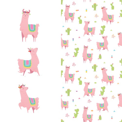 Cartoonish artwork with the title 'Pink Llama'