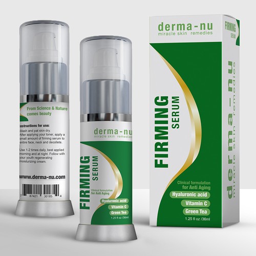 Serum label with the title 'firming serum, cosmetic packaging '