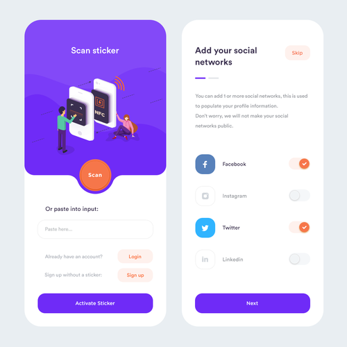 Interface design with the title 'Concept for NFC Stickers scan app'
