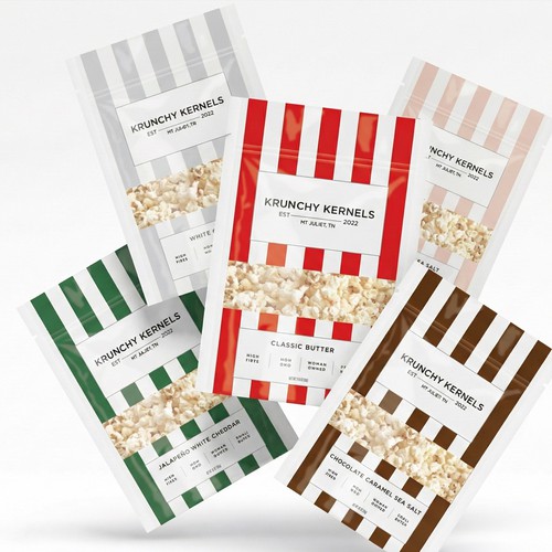 Design with the title 'Premium and fashionable popcorn packaging design'